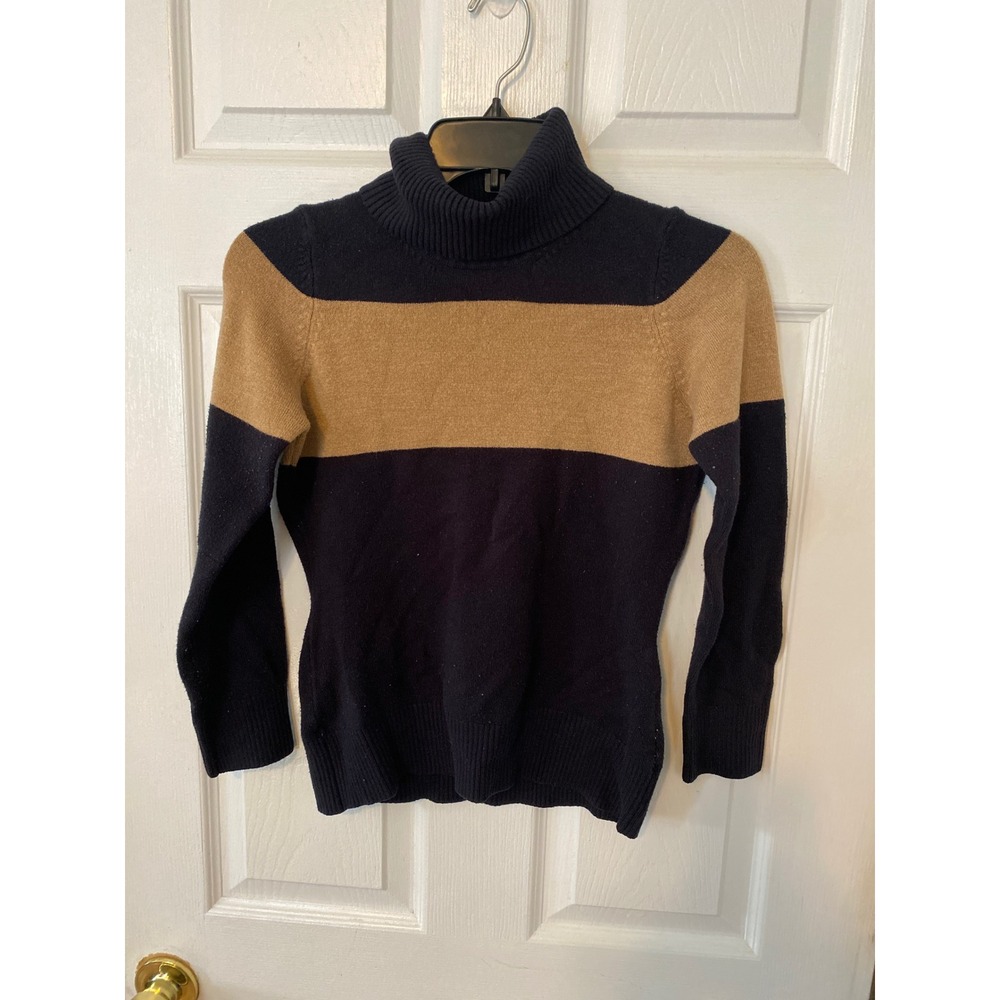 French Connection Womens Turtleneck Sweater Navy Blue Tan Colorblock Size Medium